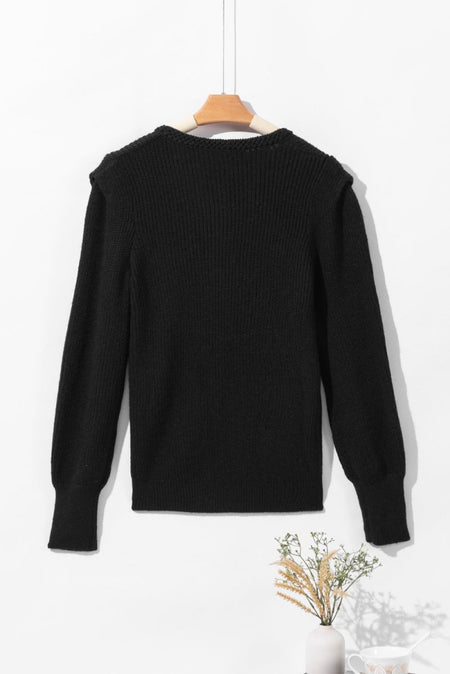 Solid Color Notched Long Sleeve Sweater - S. M. & Co.