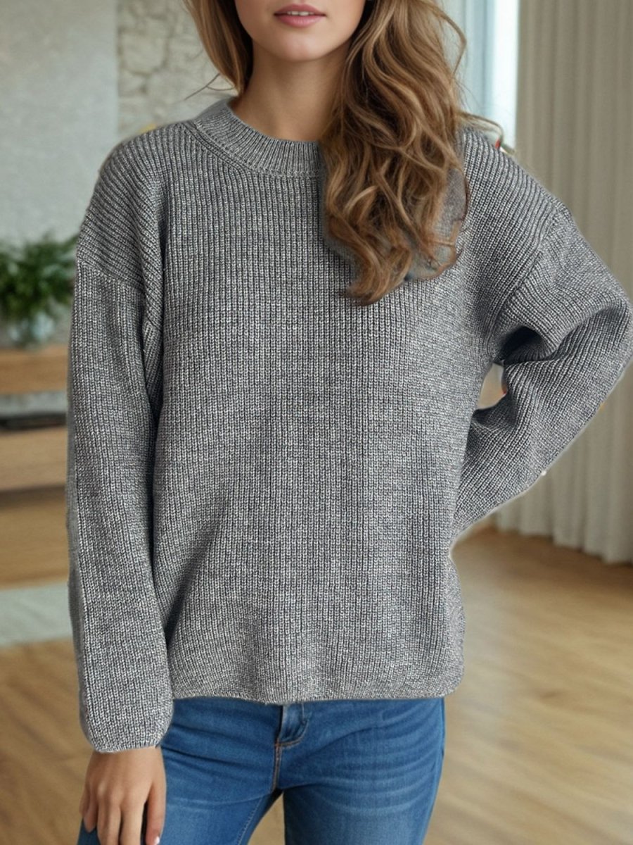 Solid Color Round Neck Long Sleeve Sweater - S. M. & Co.