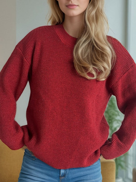 Solid Color Round Neck Long Sleeve Sweater - S. M. & Co.