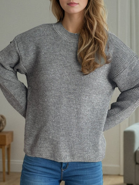 Solid Color Round Neck Long Sleeve Sweater - S. M. & Co.