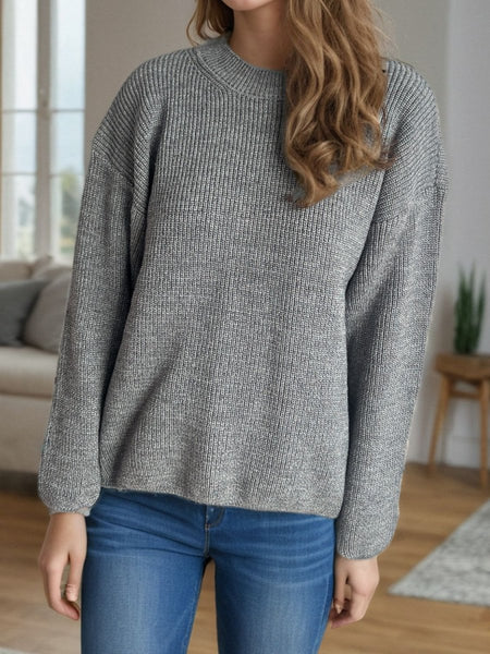 Solid Color Round Neck Long Sleeve Sweater - S. M. & Co.