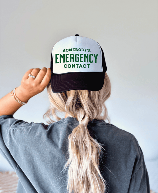 Somebody's Emergency Contact DTF Printed Black & White Trucker Hat - S. M. & Co.