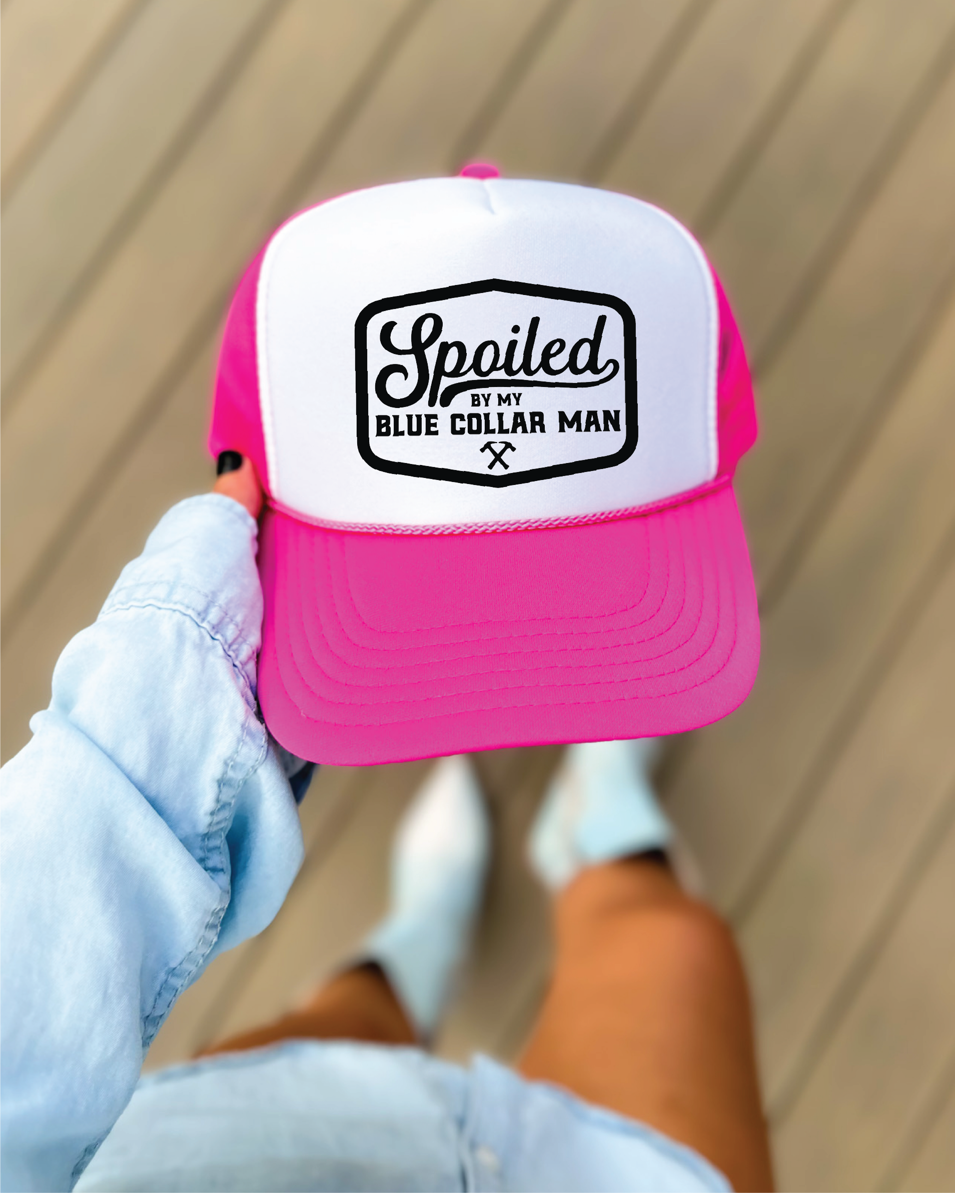 Spoiled By My Blue Collar Man DTF Printed Hot Pink and White Trucker Hat