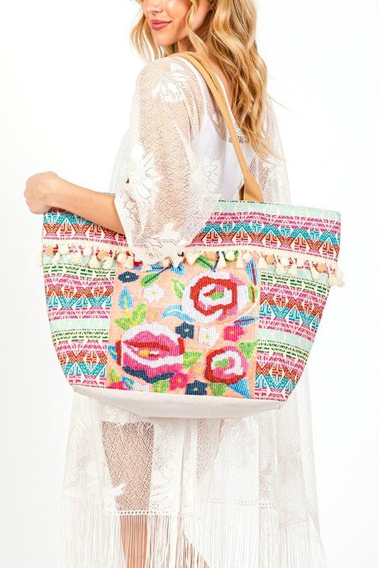 Spring Flower Beaded Embroidered Oversize Tote Bag - S. M. & Co.