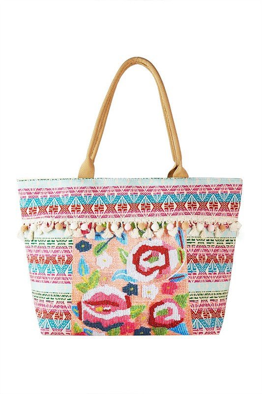 Spring Flower Beaded Embroidered Oversize Tote Bag - S. M. & Co.