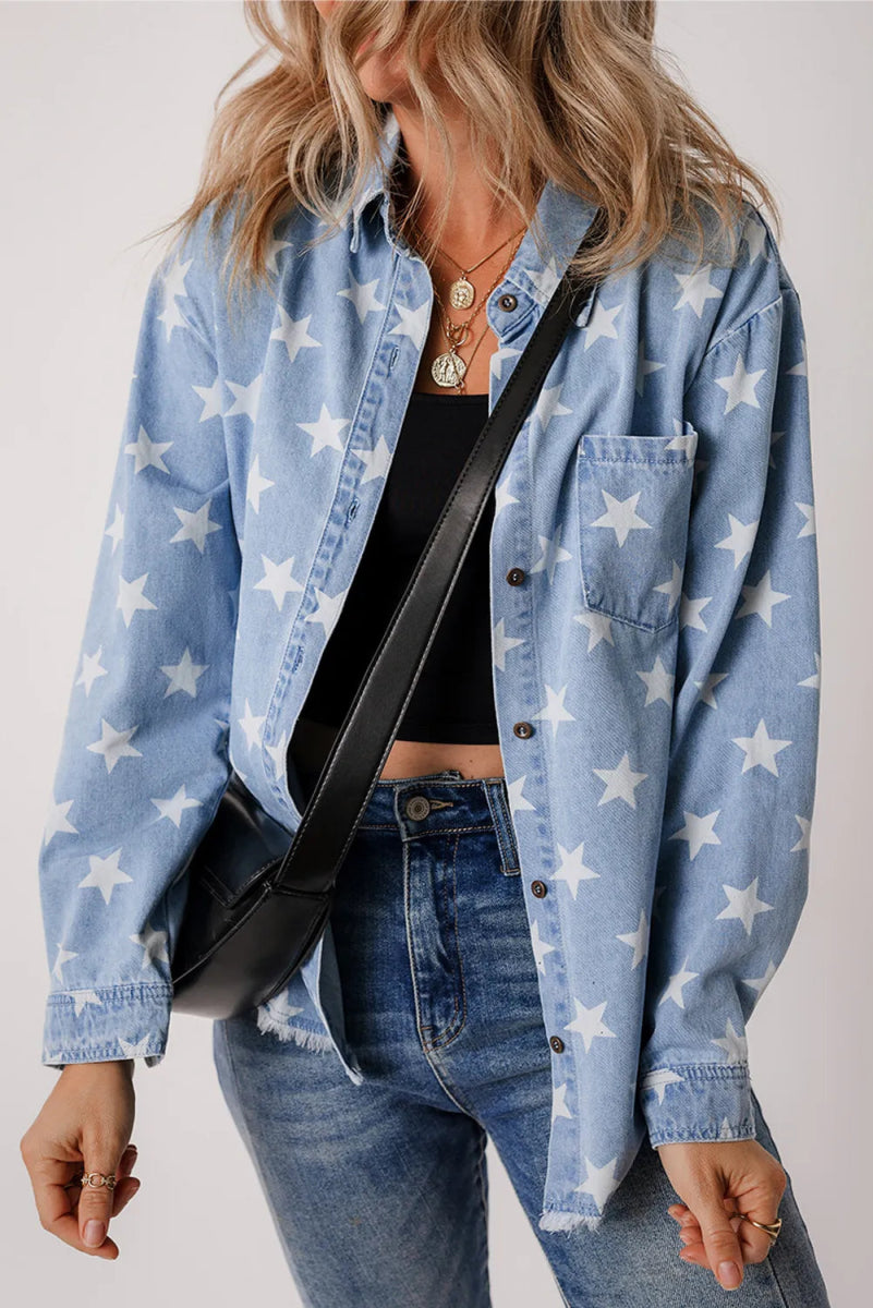 Star Button Up Long Sleeve Denim Jacket - S. M. & Co.