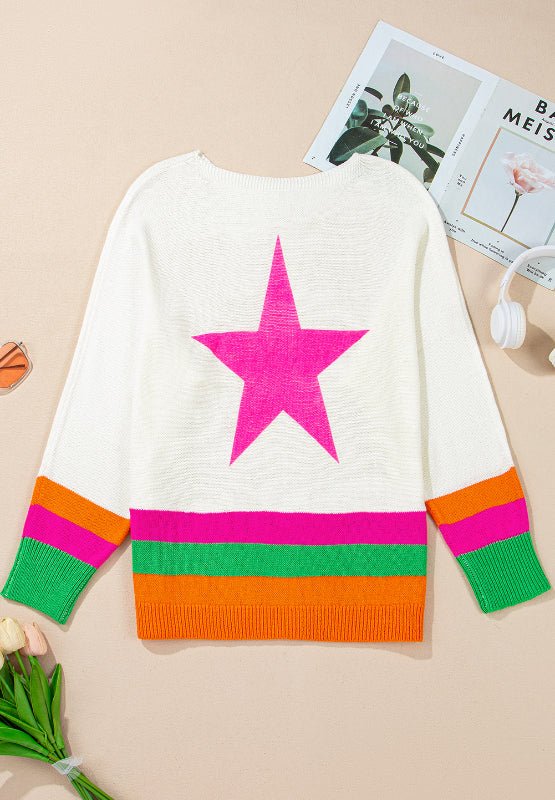 Star Contrast Round Neck Long Sleeve Knit Top - S. M. & Co.