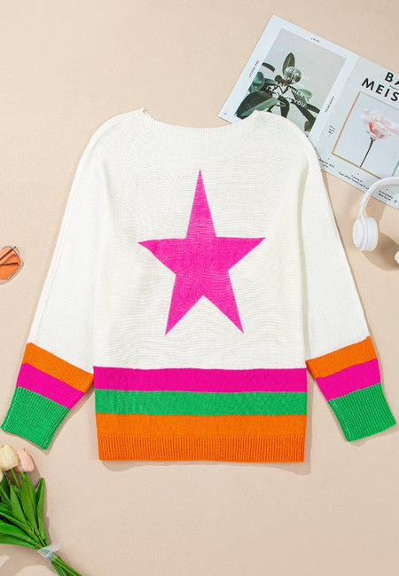 Star Contrast Round Neck Long Sleeve Knit Top - S. M. & Co.