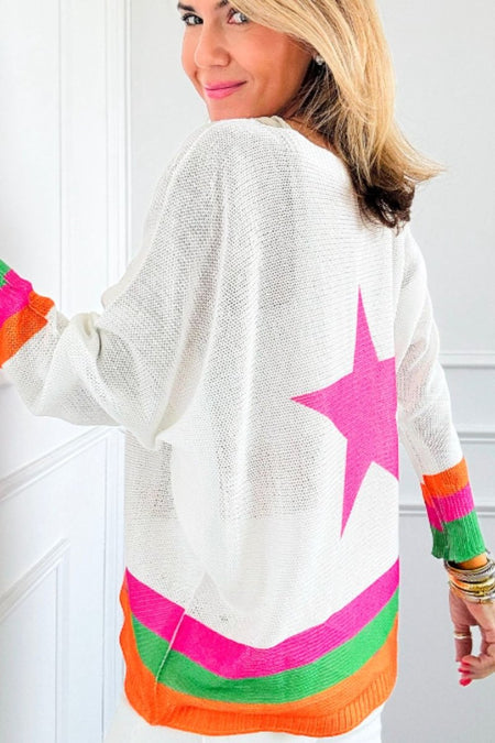 Star Contrast Round Neck Long Sleeve Knit Top - S. M. & Co.