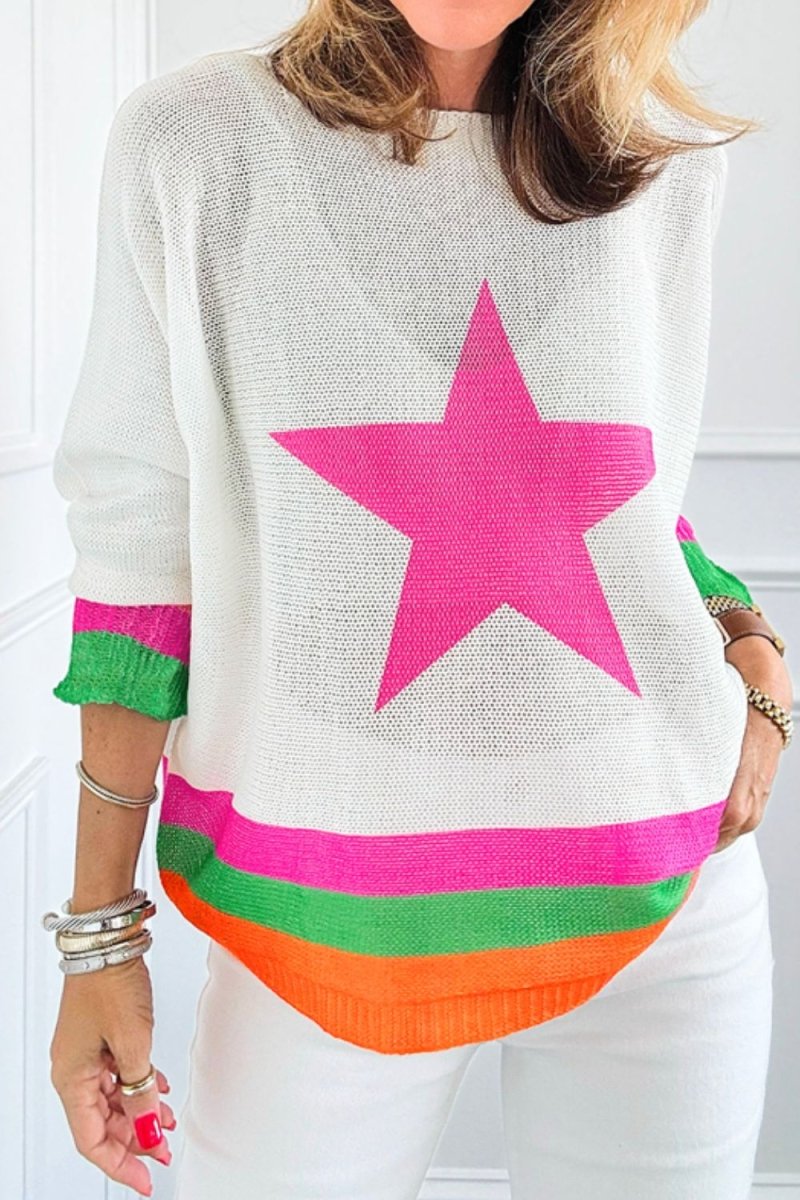 Star Contrast Round Neck Long Sleeve Knit Top - S. M. & Co.