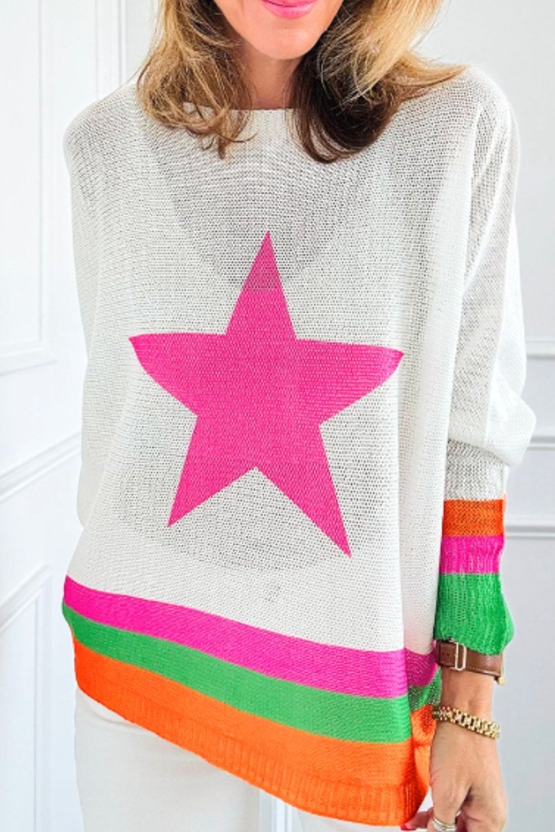 Star Contrast Round Neck Long Sleeve Knit Top - S. M. & Co.