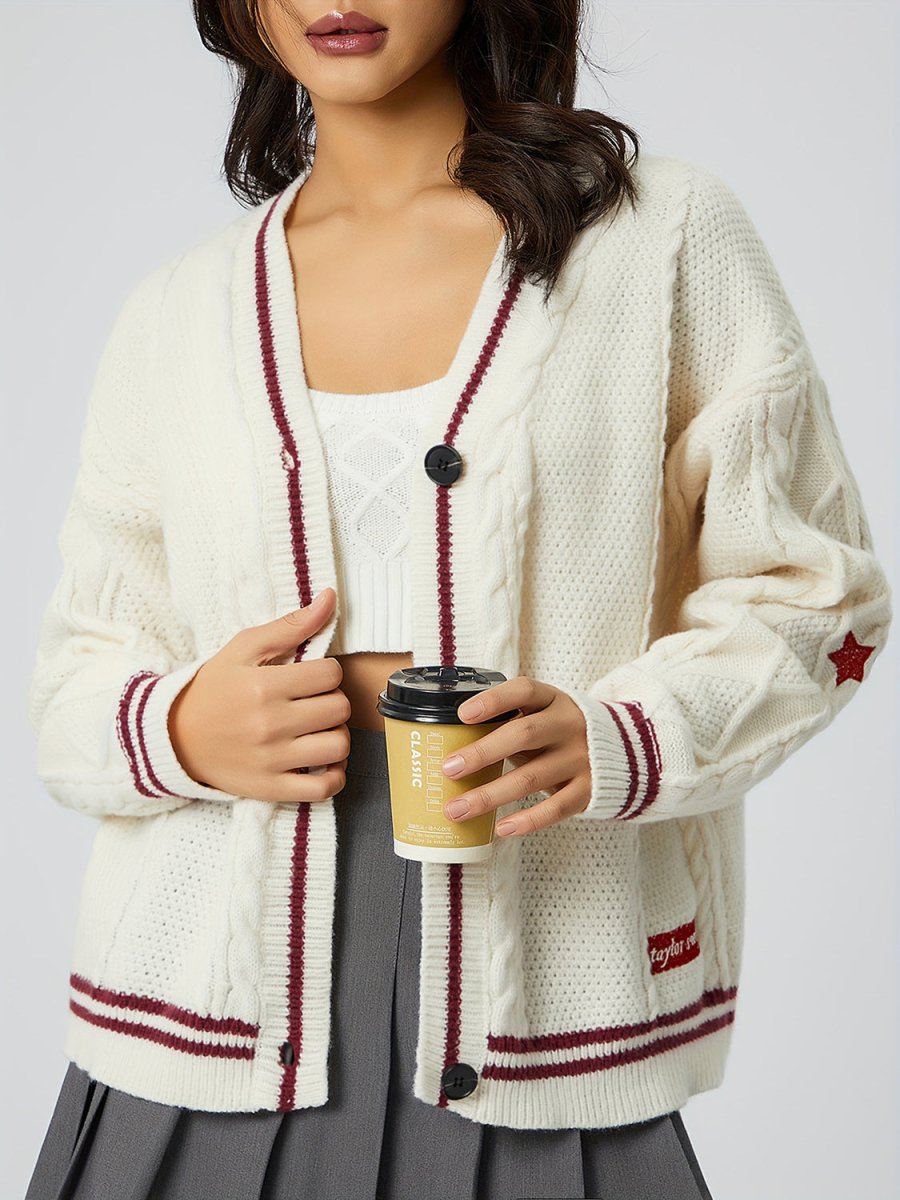 Star Embroidered V - Neck Long Sleeve Cardigan - S. M. & Co.