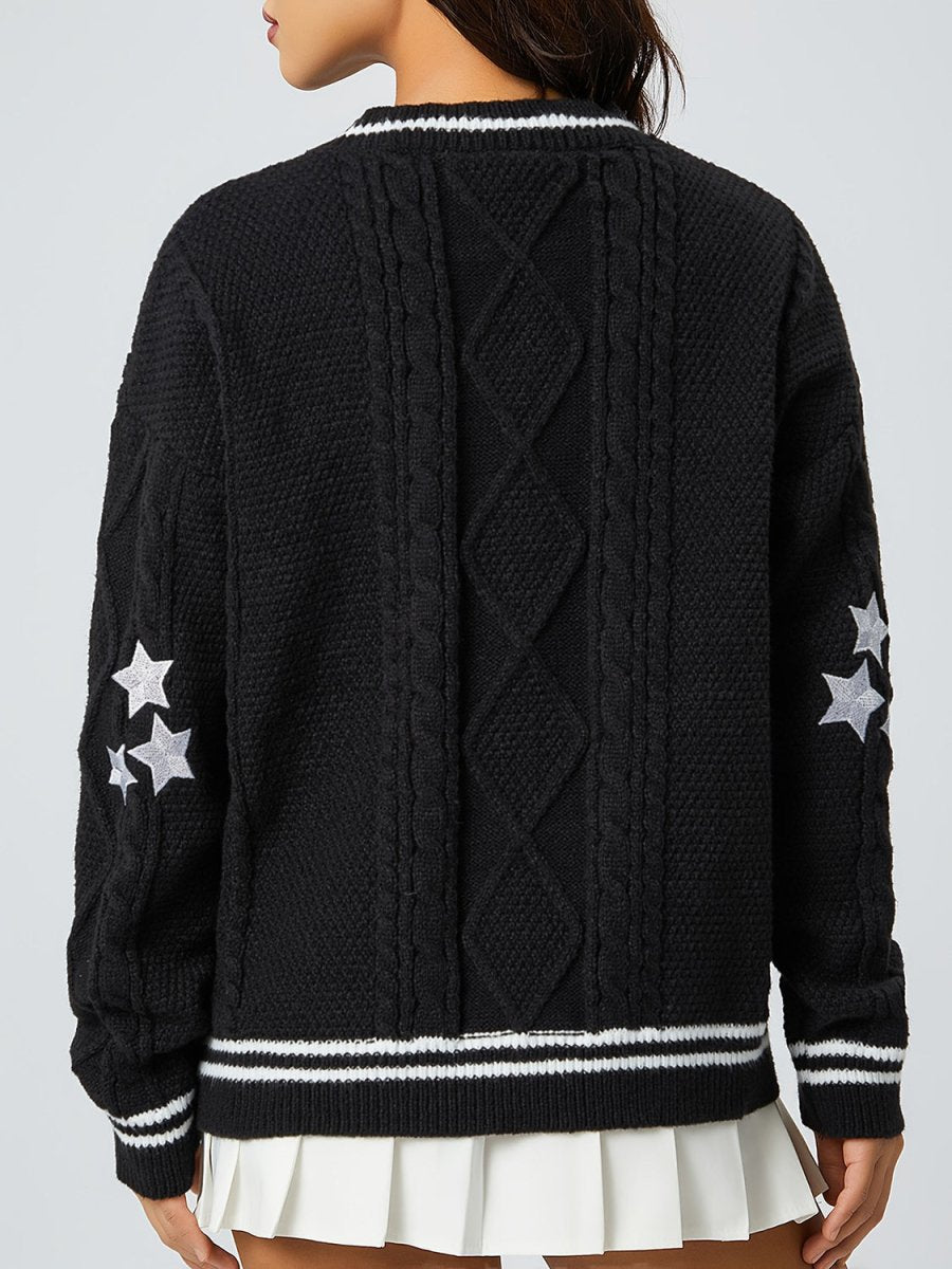 Star Embroidered V - Neck Long Sleeve Cardigan - S. M. & Co.