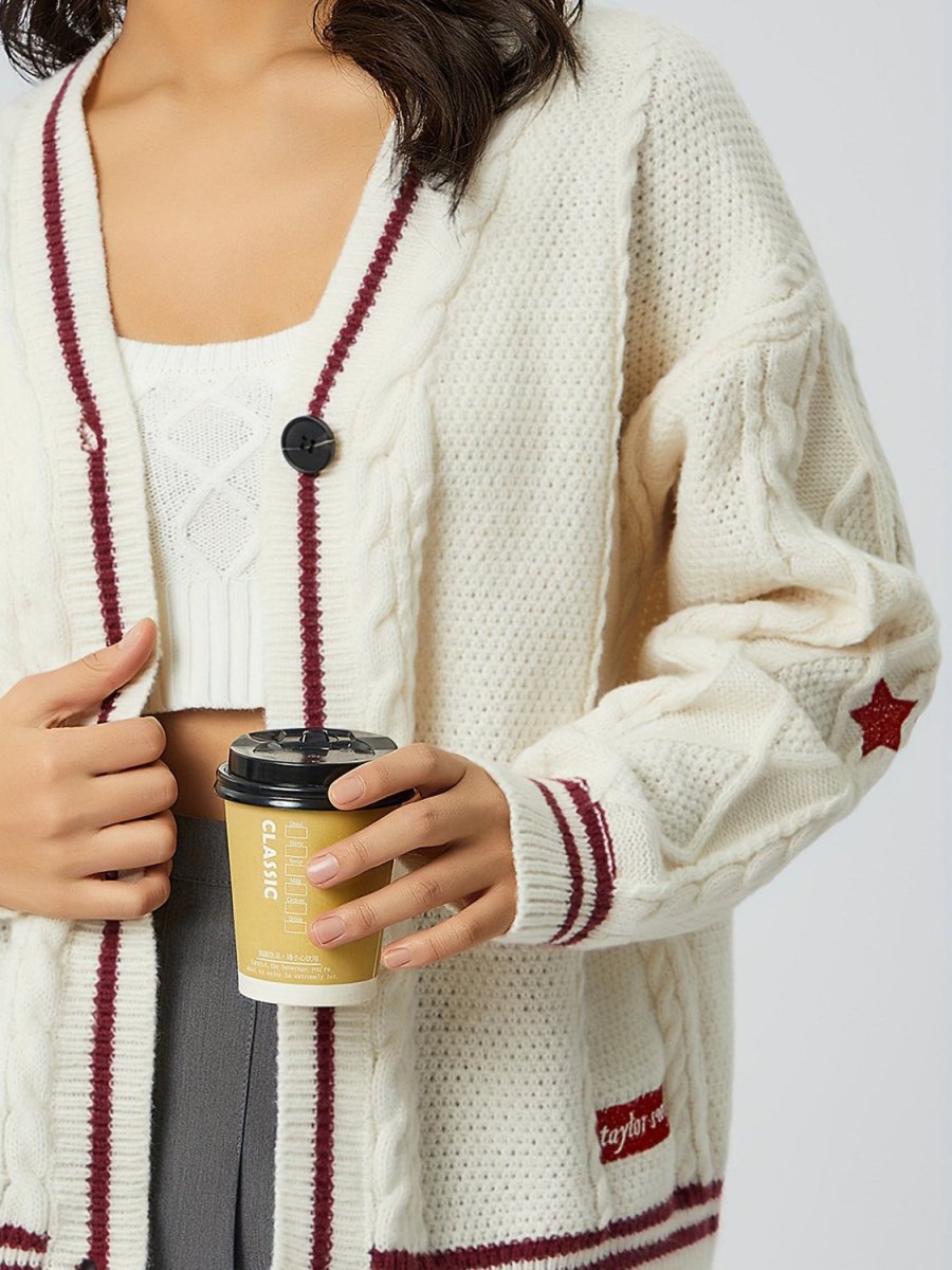 Star Embroidered V - Neck Long Sleeve Cardigan - S. M. & Co.