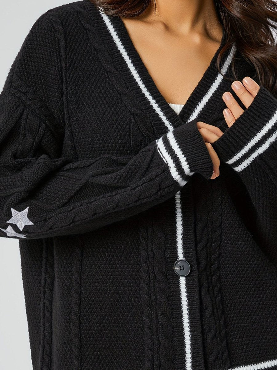 Star Embroidered V - Neck Long Sleeve Cardigan - S. M. & Co.