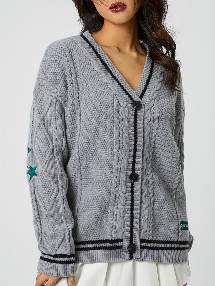 Star Embroidered V - Neck Long Sleeve Cardigan - S. M. & Co.