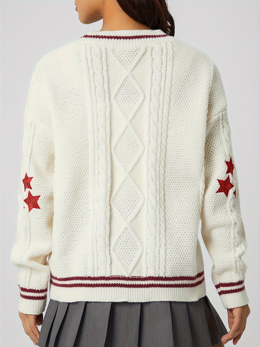 Star Embroidered V - Neck Long Sleeve Cardigan - S. M. & Co.