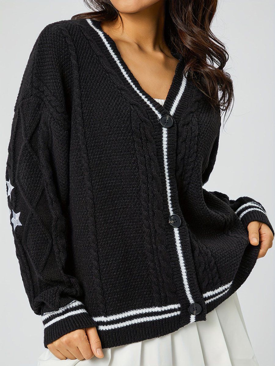 Star Embroidered V - Neck Long Sleeve Cardigan - S. M. & Co.