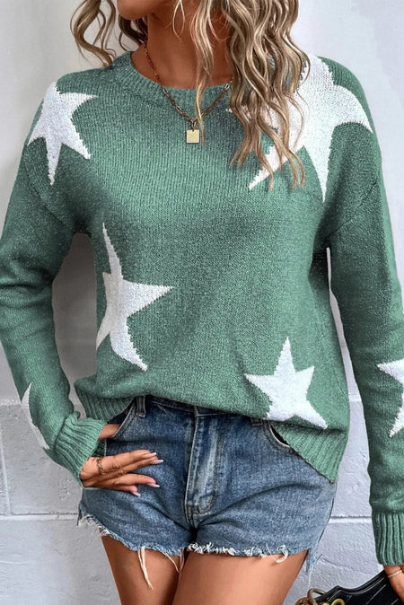 Star Round Neck Dropped Shoulder Sweater - S. M. & Co.