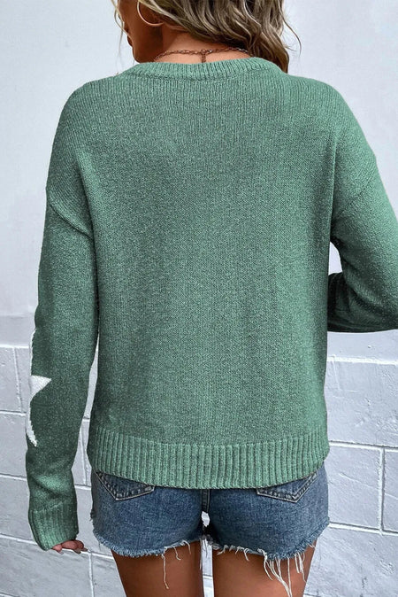 Star Round Neck Dropped Shoulder Sweater - S. M. & Co.