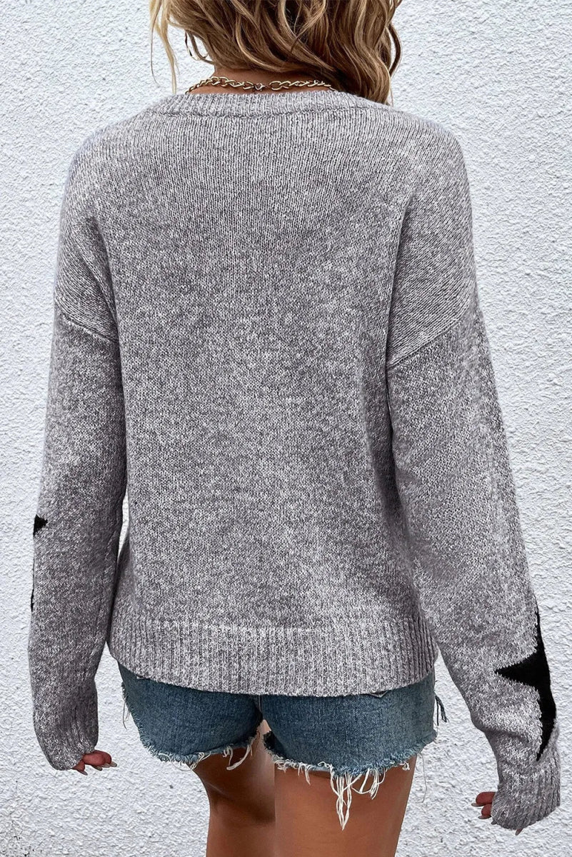 Star Round Neck Dropped Shoulder Sweater - S. M. & Co.