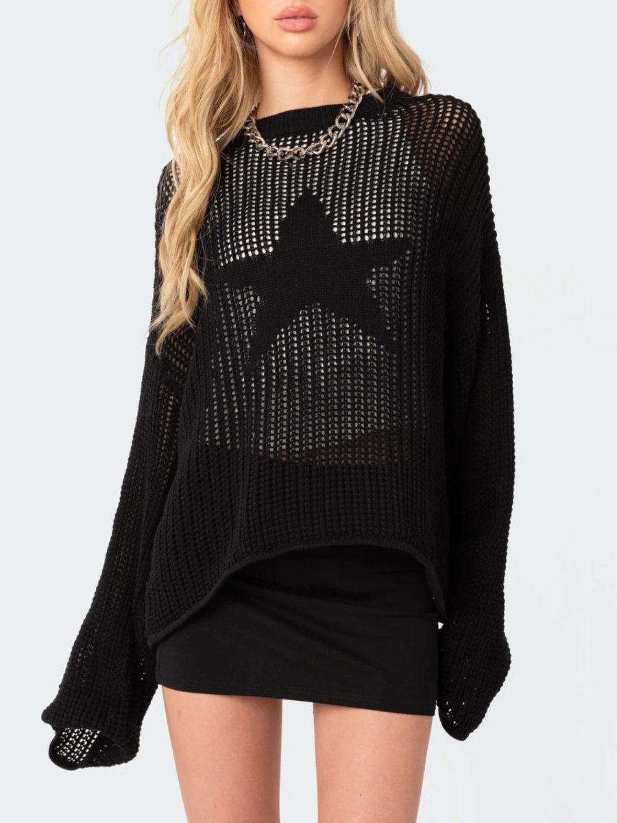 Star Round Neck Long Sleeve Knit Top - S. M. & Co.