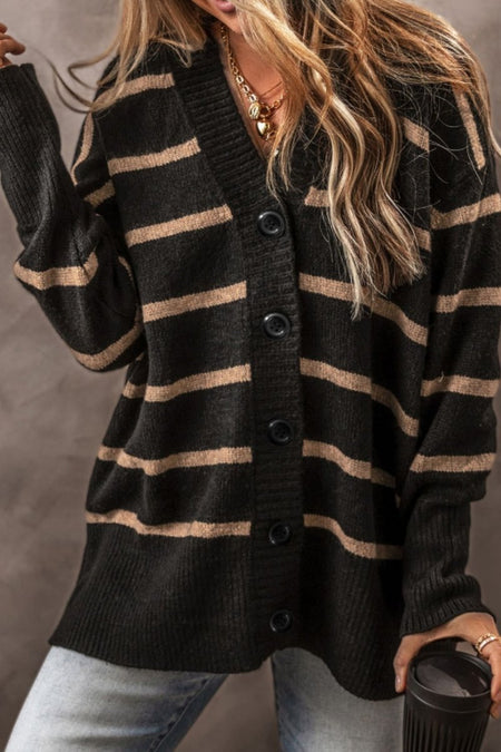 Striped Button Down Long Sleeve Cardigan - S. M. & Co.