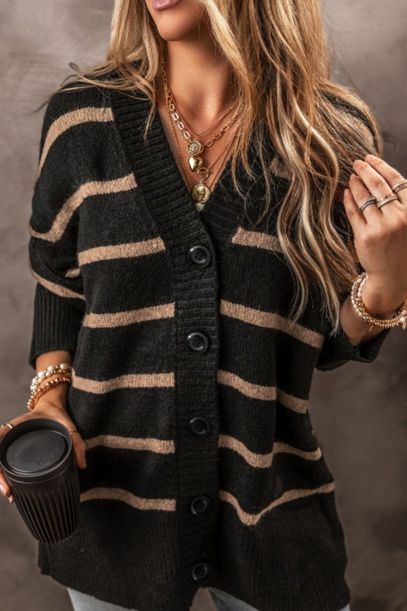 Striped Button Down Long Sleeve Cardigan - S. M. & Co.