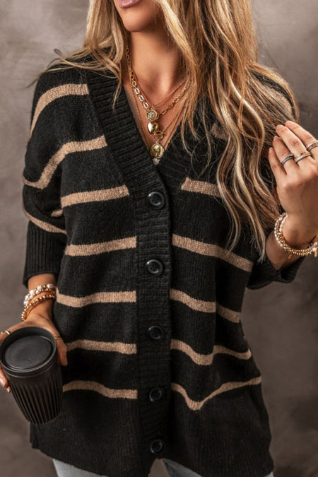 Striped Button Down Long Sleeve Cardigan - S. M. & Co.