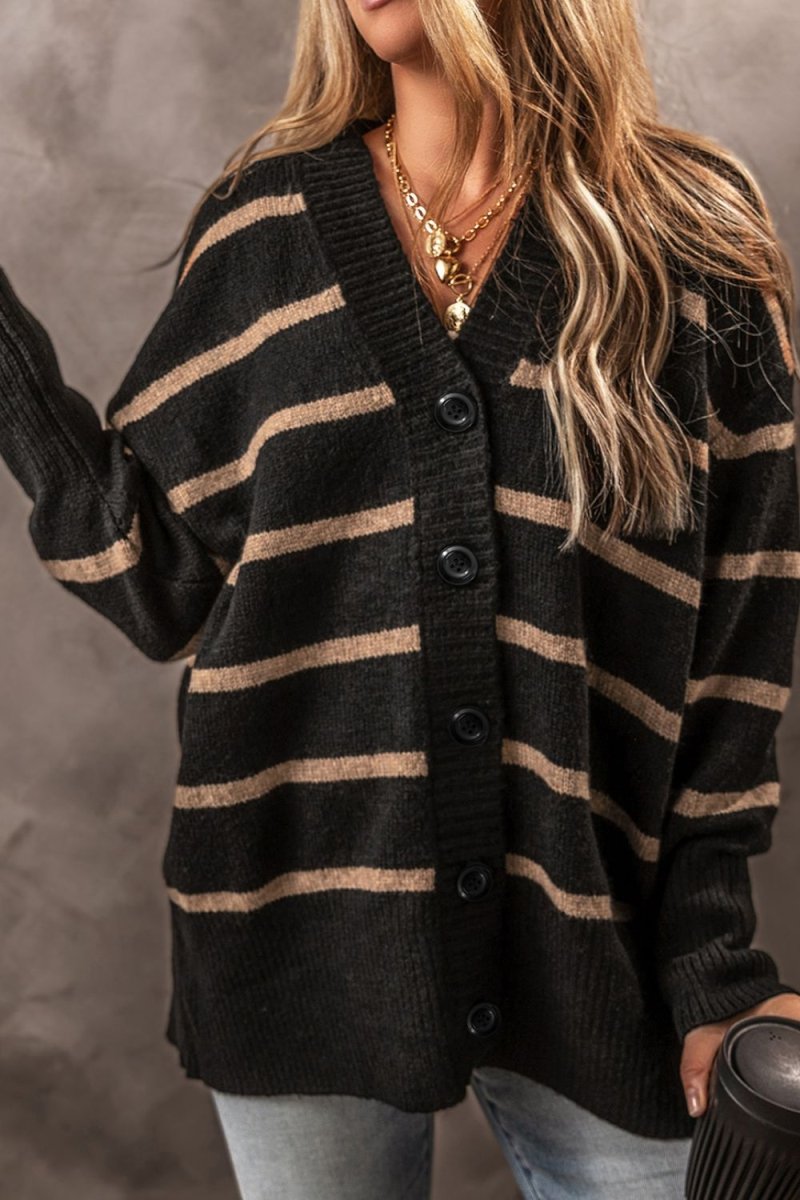 Striped Button Down Long Sleeve Cardigan - S. M. & Co.