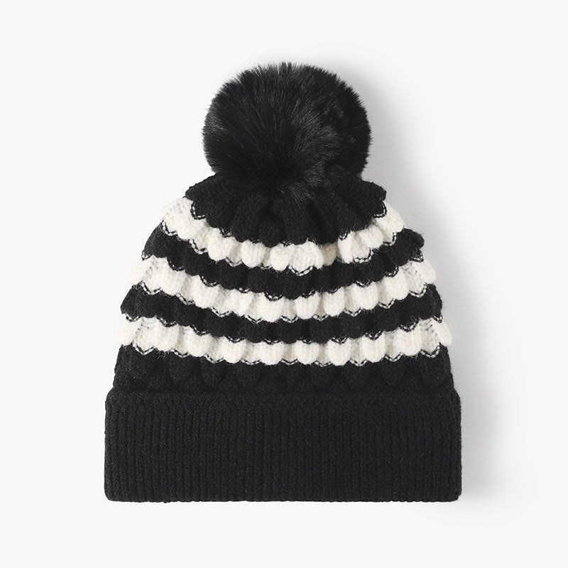 Striped Contrast Knit Hat with Pom - pom - S. M. & Co.