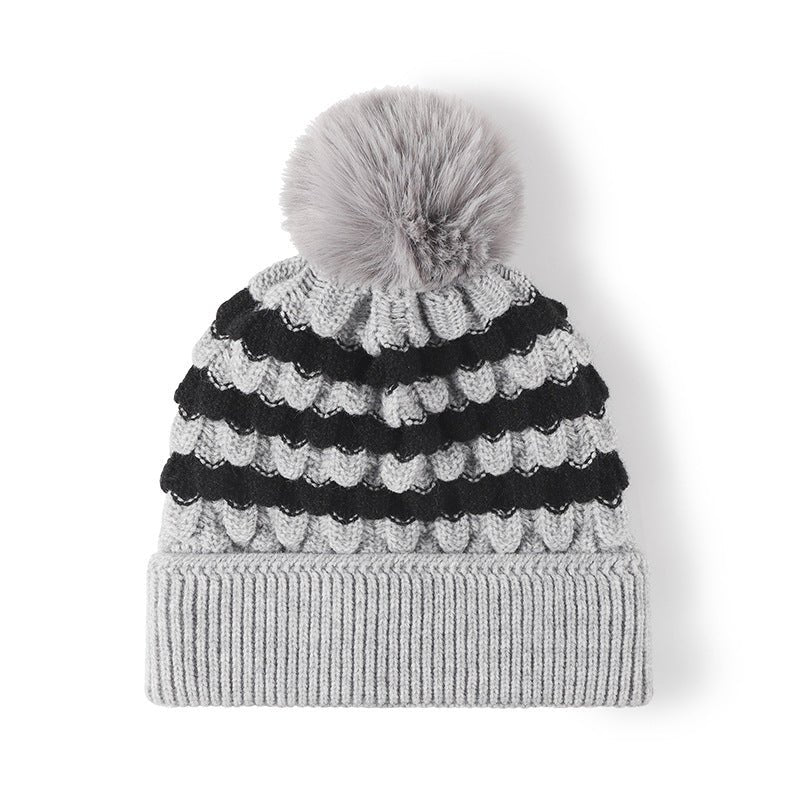 Striped Contrast Knit Hat with Pom - pom - S. M. & Co.