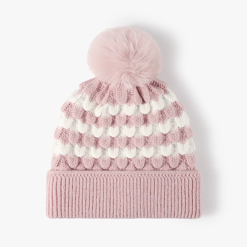 Striped Contrast Knit Hat with Pom - pom - S. M. & Co.