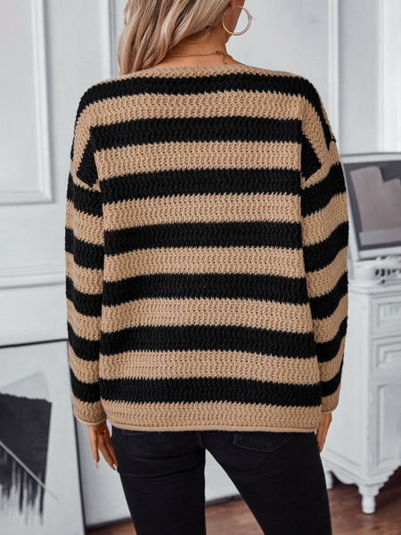 Striped Dropped Shoulder Long Sleeve Sweater - S. M. & Co.