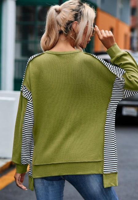 Striped Exposed Seam Half Button Sweatshirt - S. M. & Co.