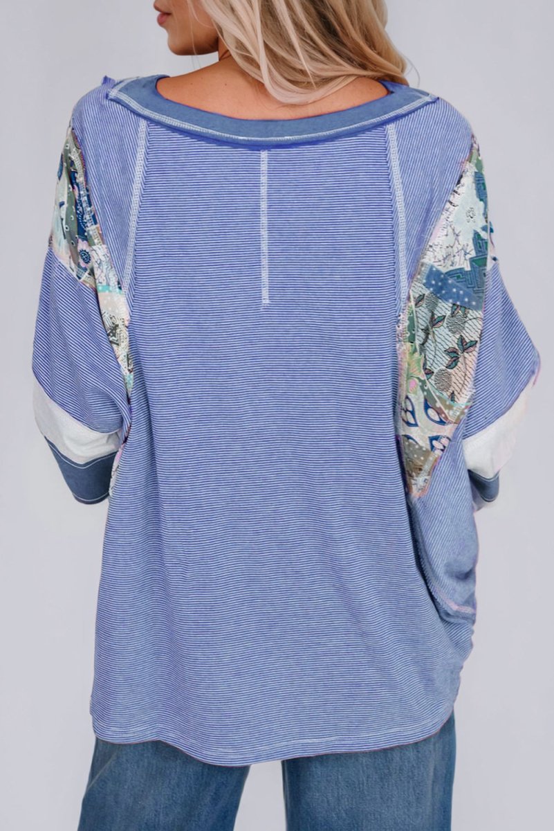 Striped Floral Patchwork Round Neck Top - S. M. & Co.