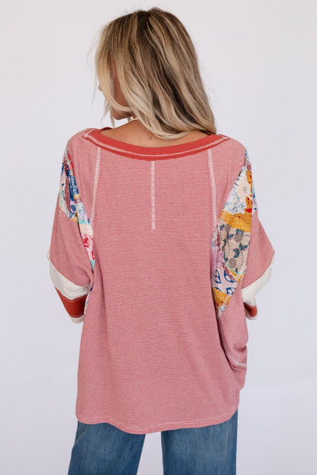 Striped Floral Patchwork Round Neck Top - S. M. & Co.