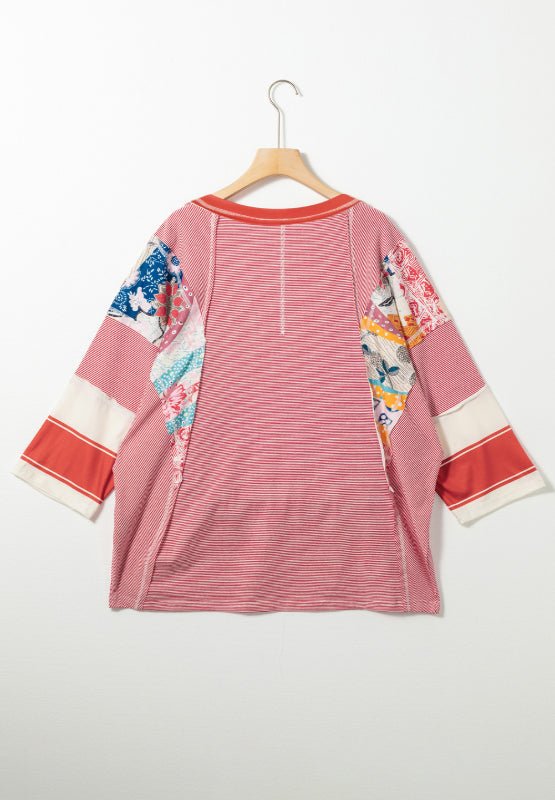 Striped Floral Patchwork Round Neck Top - S. M. & Co.