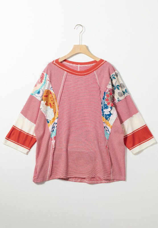 Striped Floral Patchwork Round Neck Top - S. M. & Co.