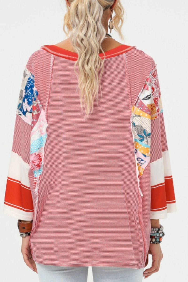 Striped Floral Patchwork Round Neck Top - S. M. & Co.