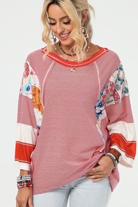 Striped Floral Patchwork Round Neck Top - S. M. & Co.