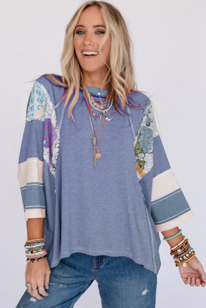 Striped Floral Patchwork Round Neck Top - S. M. & Co.