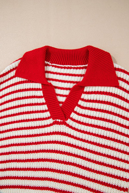 Striped Johnny Collar Long Sleeve Sweater - S. M. & Co.