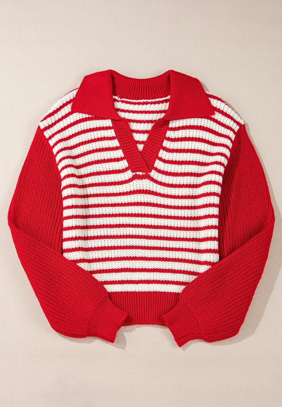 Striped Johnny Collar Long Sleeve Sweater - S. M. & Co.