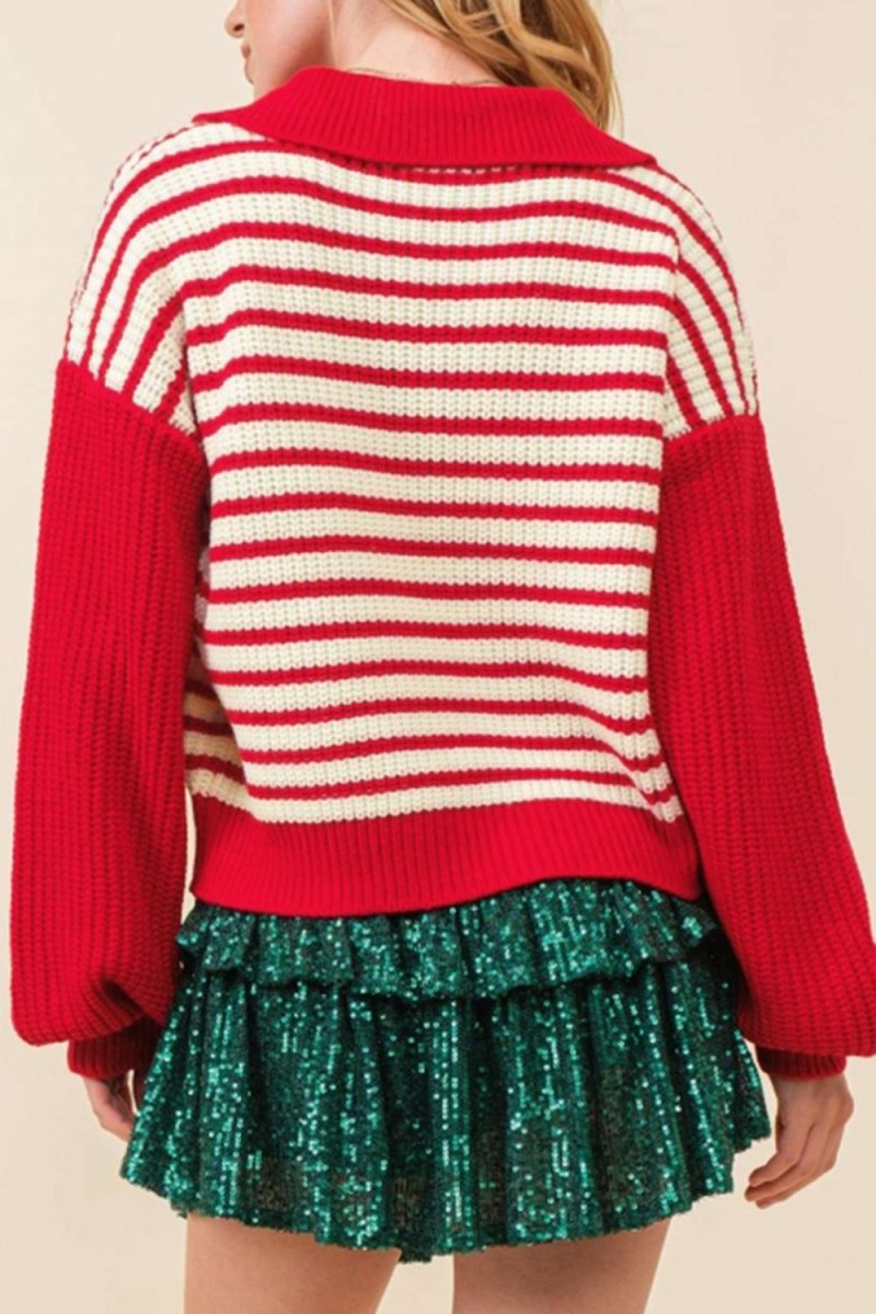 Striped Johnny Collar Long Sleeve Sweater - S. M. & Co.