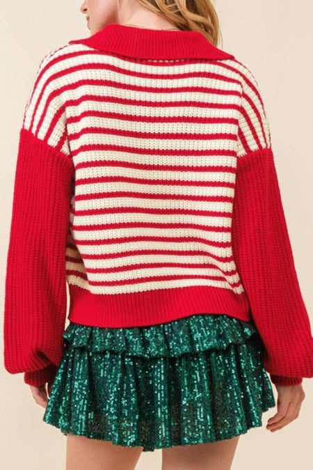 Striped Johnny Collar Long Sleeve Sweater - S. M. & Co.