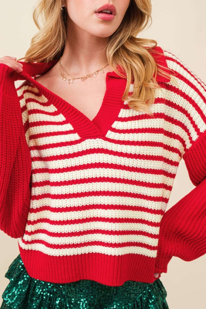 Striped Johnny Collar Long Sleeve Sweater - S. M. & Co.