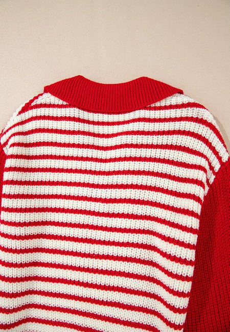 Striped Johnny Collar Long Sleeve Sweater - S. M. & Co.