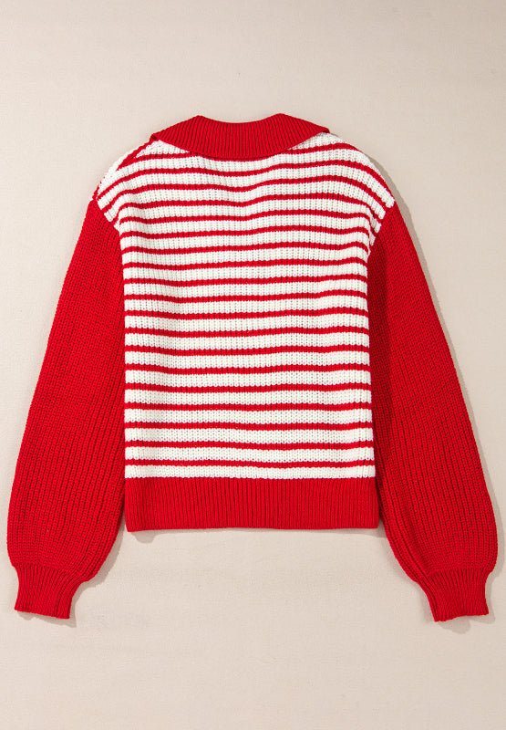 Striped Johnny Collar Long Sleeve Sweater - S. M. & Co.