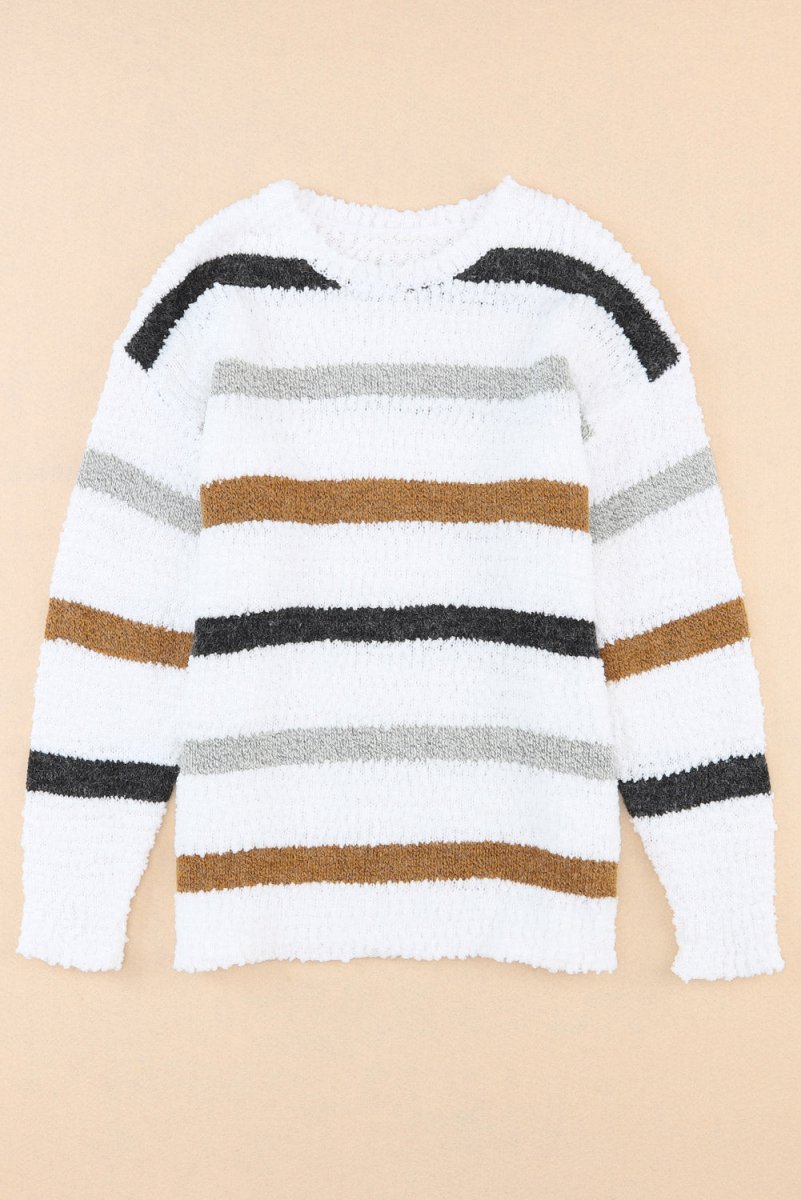 Striped Round Neck Dropped Shoulder Sweater - S. M. & Co.